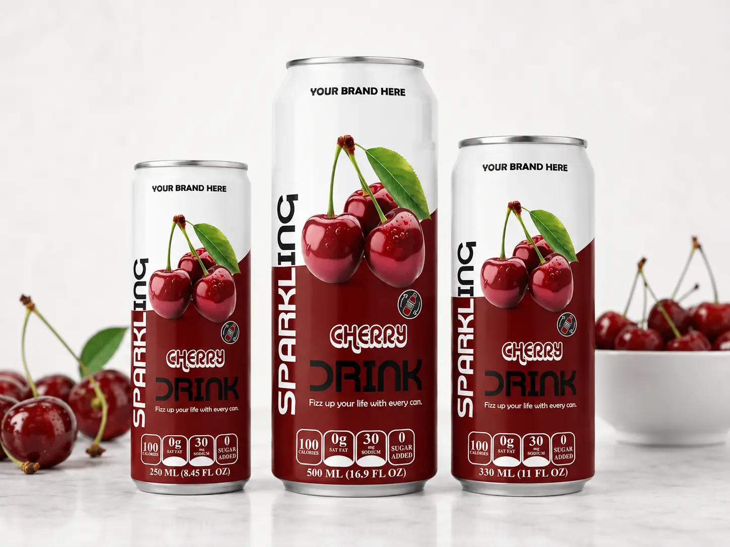 SPARKLING DRINK Cherry Flavored Drink in 275ml, 500ml, and 330ml cans.